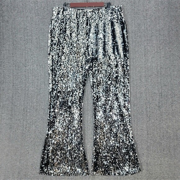No Boundaries Pants Womens XXL Silver Black Sequin Flared Disco Lined Pull On - Picture 1 of 13